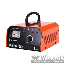 Зарядное устройство PATRIOT BCI-20M  {Вход.напр. 1ф - 220В ±15%; потреб.мощ 0,57 кВА; напряжен.зарядки 12В; ток зарядки макс. 18А; емк.бат. 10-270А/час; вес 1,4 кг.}