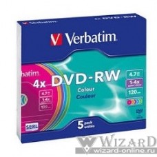 Verbatim Диск DVD-RW 4x, Colour, Slim, 5шт,(43563)