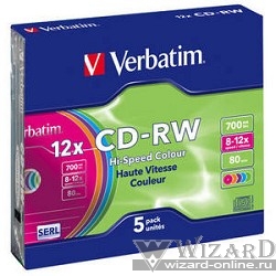 Verbatim Диски CD-RW 8-12x 700Mb 80min (Slim Case, 5 шт.) 